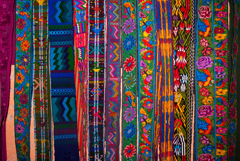 Handmade traditional guatemalan design, Colorful fabric worked by hand in Guatemala, Central America, Mayan details, typical costume.